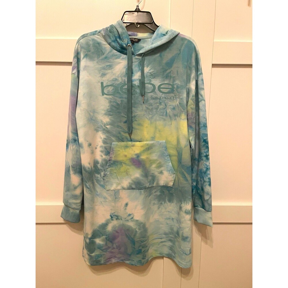 Bebe sport Tie-Dye Pullover Hoodie Dress/ Pockets Logo- Size L Teal/ Yellow